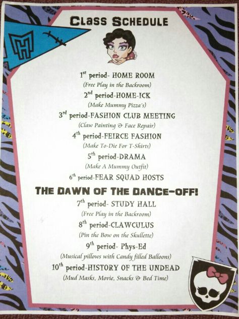 Monster High Schedule of Events! Monster High School Schedule, Monster High Slumber Party, Monster High Activities, Monster High Shifting Script, Monster High Journal, Monster High School Layout, Monster High Sleepover, Monster High Shifting, Monster High Theme Party Ideas