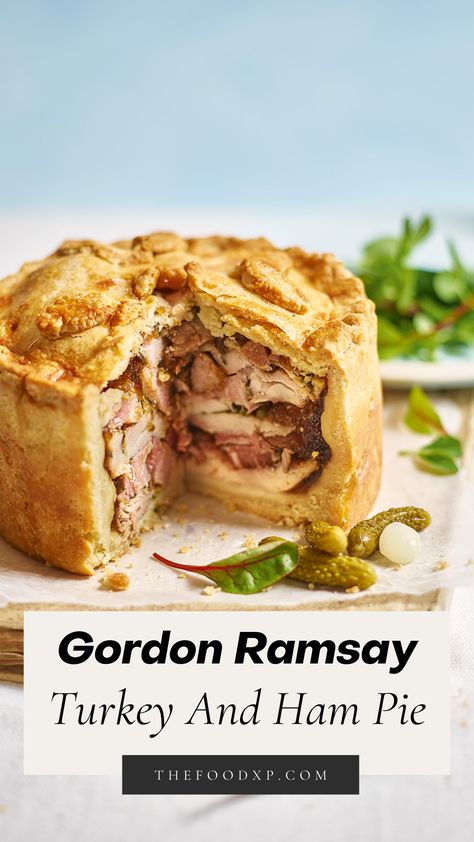 Gordon Ramsay's turkey and ham pie is a delicious combination of turkey and ham in a pie. It has a crispy golden pastry with turkey and ham filled in it. The sauce contains loads of flavors from mushrooms, parsley, leeks and seasoning spices. It's a perfect meal for Thanksgiving dinner. #gordonramsay #turkeypie #turkeyandhampie #turkeyrecipes #turkeyandhampierecipe #turkeyhamrecipes #gordonramsayturkeyrecipes Gordon Ramsay Turkey Recipe, Gordon Ramsay Thanksgiving Turkey, Gordon Ramsay Turkey Pasta, Turkey Pie Recipes, Gordon Ramsay Turkey, Gordon Ramsay Shepard’s Pie, Turkey And Ham Pie, Turkey Wellington, Gordon Ramsay Dishes