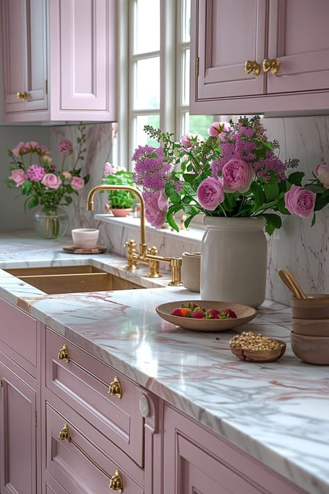 Rose Quartz Kitchen Countertops, Pink Floral Kitchen, Pink Kitchen Sink, Romantic Kitchen Aesthetic, Pink Countertops Kitchen, Dark Pink Kitchen, Pink Aesthetic Kitchen, Rustic Chic Bathroom, Light Pink Kitchen