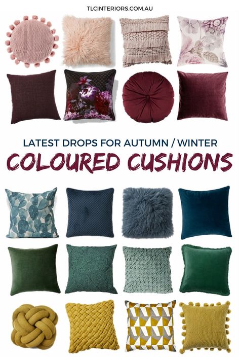 coloured cushions mood board for autumn winter Sofa Cushion Design Ideas, Cushions On Sofa Color Schemes, Sofa Cushion Design, Sofa Cushions Arrangement, Cushion Design Ideas, Cushion Arrangement, Rustic Crochet, Bedroom Linens, Green Room Decor