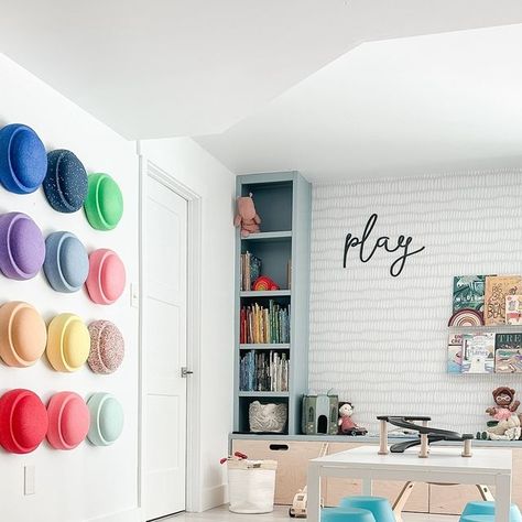 Jenny on Instagram: "Hung our @stapelstein.northamerica on the wall and we are all obsessed! Happy Friday!   #playroominspo #playroom #openendedplay" Playroom Rock Wall, Fun Playroom Ideas, Toddler Themes, Boys Playroom, Basement Playroom, Toddler Playroom, Open Ended Play, Playroom Design, Pebble Stone