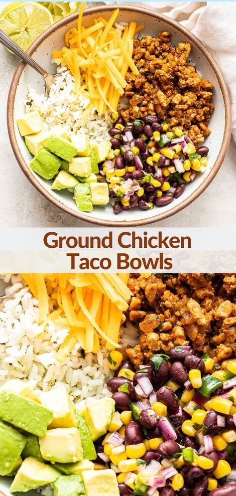 Best Ground Chicken Recipes, Ground Chicken Wraps, Ground Chicken Taco Bowl, Ground Chicken Mexican Recipes, Ground Chicken Taco Recipes, Ground Chicken And Rice Recipes, Ground Chicken Salad, Ground Chicken Bowls, Taco Bowls Healthy