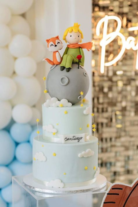 Check out this magical Little Prince-themed baptism! The cake is amazing! See more party ideas and share yours at CatchMyParty.com Little Prince Theme 1st Birthday, The Little Prince Birthday Theme, The Little Prince Cake, Little Prince Birthday Party, Little Prince Cake, Baby First Cake, Christening Themes, Prince Birthday Theme, Baptism Themes