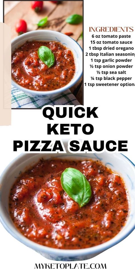 Make this quick and tasty sugar-free keto pizza sauce in just 5 minutes! Using basic ingredients like tomato sauce, tomato paste, and seasonings, it's the perfect low-carb option for homemade pizza. This dairy-free and vegan sauce is versatile and great for pizzas or dipping various dishes like meatballs, chicken parmesan, mozzarella sticks, or broccoli cheddar tots. Aip Pizza Sauce, Keto Sauces Recipes, Tomato Paste Pizza Sauce, Paleo Pizza Sauce, Keto Tomato Sauce, Pizza Sauce Recipe Easy, Keto Barbecue Sauce Recipe, Low Carb Pizza Sauce, Healthy Pizza Sauce