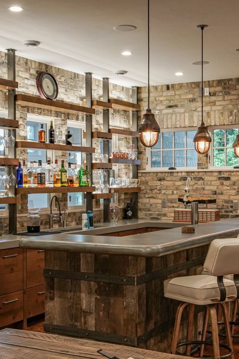 35+ Unique Basement Wet Bar Ideas For Your Home | CountertopsNews Rustic Wet Bar Ideas With Sink, Unique Bar Ideas For Home, Cabin Bar Ideas, Rustic Bar Ideas, Bar Lighting Ideas, Basement Wet Bar Ideas, Rustic Home Bar, Wet Bar Ideas, Wet Bar Cabinets