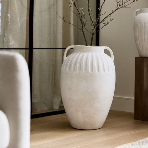 Grooved Ceramic Vases | West Elm Large Pottery Vases, Phd Inspiration, Large Decorative Vase, Exterior Beach House, Circle Kitchen, White Sofa Living Room, Large Vases Decor, Cement Vase, Summer Interior