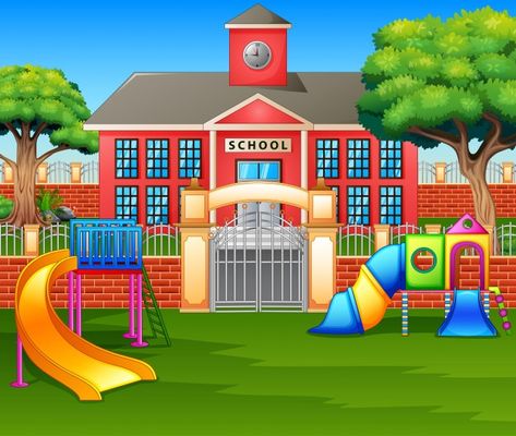 Premium Vector | Vector illustration of school building and green lawn Family Picture Cartoon, Playground Pictures, Playground Areas, School Cartoon, Heart Coloring Pages, Cartoon House, Birthday Cake Topper Printable, Areas Verdes, School Playground