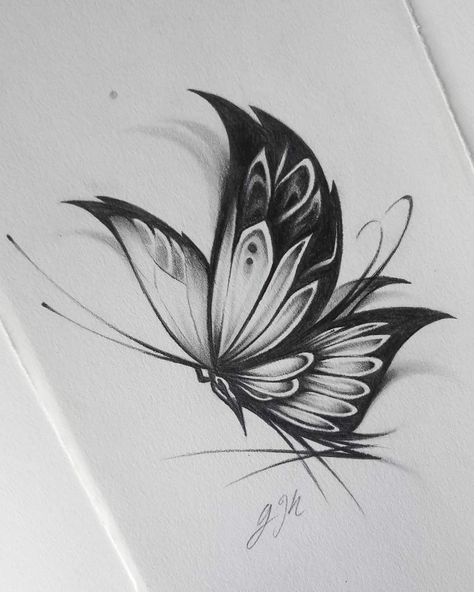 Sketches Of Butterfly, Unique Butterfly Drawing, Butterfly Sketch Tattoo, Tim Burton Tattoo, Husband Tattoo, Butterfly Black And White, Crazy Tattoos, Butterfly Sketch, Ear Tattoo Ideas