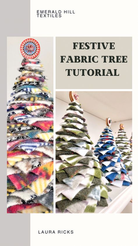 These fabric trees add the perfect homespun touch to any holiday display and are a great use for old sweaters or scrap fleece Scrap Wool Fabric Projects, Christmas Trees Made From Old Sweaters, Wool Trees Tutorial, Sweater Christmas Trees, Sweater Trees, Wool Trees, Fabric Trees, Diy Felt Christmas Tree, Tree Tutorial