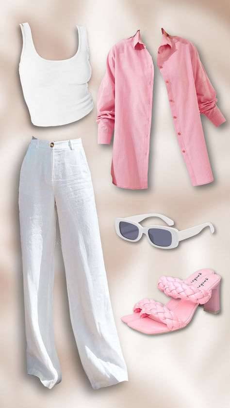 She wears a white tank top paired with high-waisted white wide-leg pants, creating a fresh and airy look perfect for summer. Over this, she adds a pink button-up shirt, which provides a pop of vibrant color. To complete the outfit, she accessorizes with stylish white sunglasses and pink braided heeled sandals, adding a trendy and playful touch to the ensemble. This outfit is the epitome of effortless summer chic, combining comfort and style seamlessly. White Tshirt Outfit, Summer Fashion Casual, White Wide Leg Pants, Shirt Elegant, White Sunglasses, Summer Chic, Tshirt Outfits, Pink Shorts, Pink Shirt