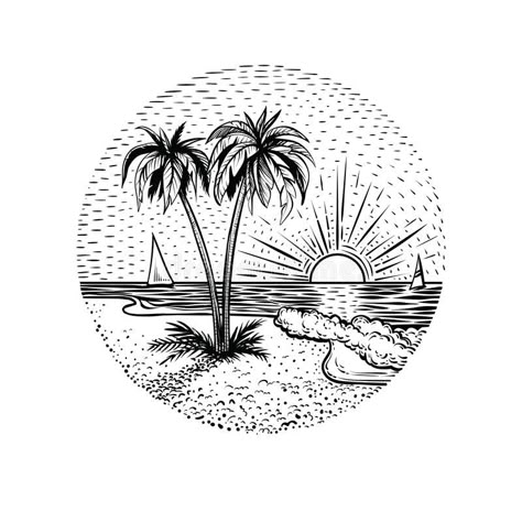 Línea paisaje de la playa con las palmas y puesta del sol Elemento redondo del emblema, de la tarjeta, del tatuaje o del diseño ilustración del vector Tattoos Black And White, Sunrise Drawing, Beach Tattoos, Beach Sketches, Sunset Tattoos, Beach Drawing, Palm Tattoos, Black And White Beach, Beach Tattoo