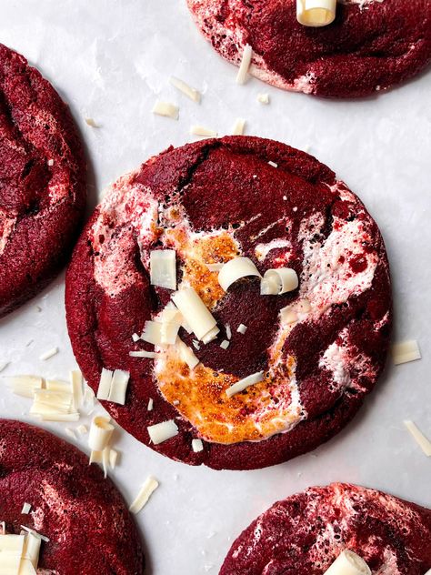 Toasted Marshmallow Red Velvet Cookies — the deeper living Velvet Desserts, Red Velvet Desserts, Cozy Winter Vibes, Velvet Cookies, Red Velvet Cookies, Roasting Marshmallows, Marshmallow Fluff, Toasted Marshmallow, Winter Vibes