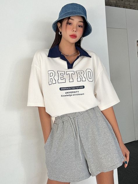 Free Returns ✓ Free Shipping On Orders $49+ ✓. DAZY Slogan Graphic Contrast Collar Drop Shoulder Tee- Women T-Shirts at SHEIN. Drop Shoulder Tshirt, Varsity Tee, Varsity Tees, Drop Shoulder Tee, Contrast Collar, Tee Outfit, Women T Shirts, Tee Design, Fashion Online Shop