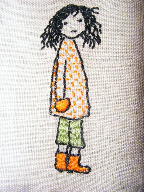 Embroidery Ideas Clothes Shirts, Curly Hair Embroidery, Doodle Stitch, Girl Doodle, Embroidery Face, Embroidery Hair, Girl Embroidery, Girl Figure, Pola Kristik