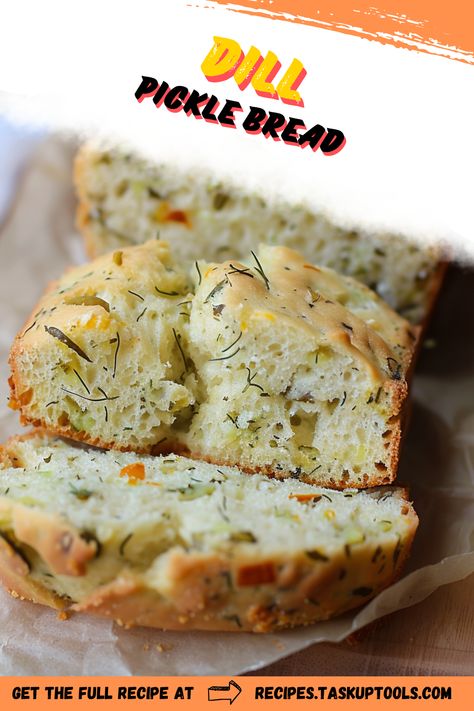 Dive into this amazing recipe for tangy, crunchy, and irresistibly delicious Dill Pickle Bread! Perfect for pickle enthusiasts, this bread boasts the perfect balance of savory dill flavors and the satisfying texture of dill pickles. Discover the step-by-step guide and pin this for an easy reference to a unique twist on your usual bread recipe. #DillPickleBread #UniqueRecipes #FoodLovers #BakingArtistry Dill Pickle Cupcakes Recipe, Pickle Bread Recipes, Pickle Biscuits, Dill Pickle Bread, Pickle Bread, Flavored Bread, Pickle Pie, Beer Bread Recipe, Easy Reference