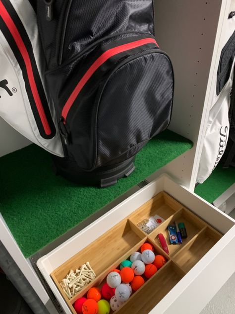 Golf Closet Organization, Golf Storage Ideas, Golf Organization, Golf Closet, Golf Equipment Storage, Golf Garage, Diy Golf Simulator, Golf Locker, Golf Man Cave