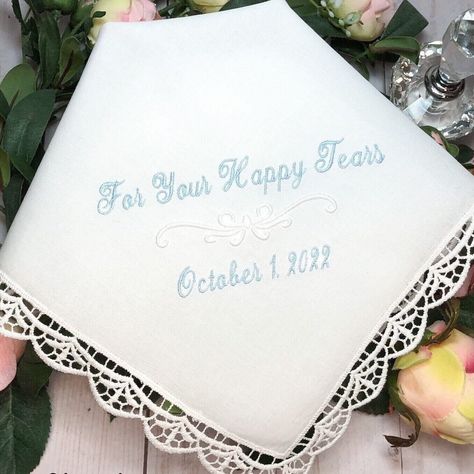 💍 Wipe away happy tears with our beautiful Bridal Handkerchief! 💕 This delicate hankerchief is the perfect wedding gift for the bride and even includes a touch of something blue. 💙 Get yours now for only $24.95! ✨ #BridalHandkerchief #WeddingGift #SomethingBlue #HappyTears #EmbroideredHankerchief #BrideHandkerchief #BridalAccessories #Wedding Embroidered Hankerchief Wedding, Embroidered Hankerchief, For Your Happy Tears, Bride Handkerchief, Upcycled Wedding, Bridal Handkerchief, Personalized Handkerchief Wedding, Embroidered Handkerchief Wedding, Wedding Gift For Bride