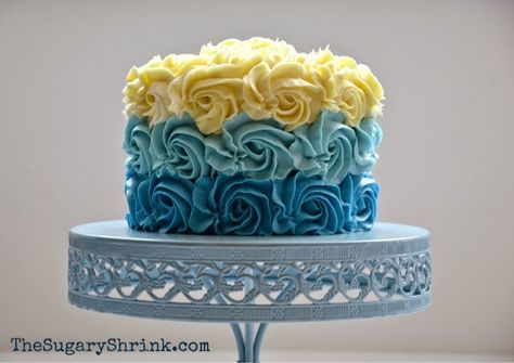 blue vanilla cake - The Sugary Shrink Yellow And Blue Cake Design, Blue And Yellow Cake Ideas, Blue And Yellow Birthday Cake, Ucla Cake, Blue And Yellow Cake, Cake With Buttercream Roses, 18th Birthday Cake Designs, Vanilla Cake With Buttercream, Men Cakes