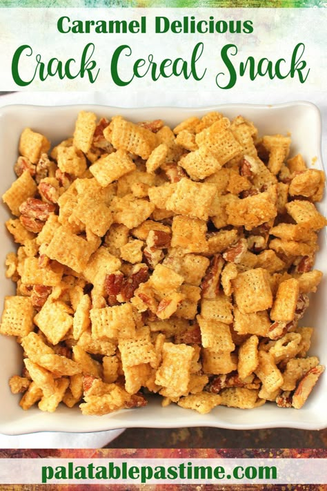 Crack Cereal Snack is a homemade sweet treat with a caramel flavored Chex cereal mix and nuts that is a spin on quick caramel corn recipes. via @suelau1 Chex Mix Cereal Bars, Recipes With Life Cereal, Life Cereal Recipes Snacks, Recipes Using Chex Cereal, Corn Chex Recipes Sweets, Recipes With Chex Cereal, Corn Chex Recipes, Chex Cereal Treats, Chex Cereal Recipes