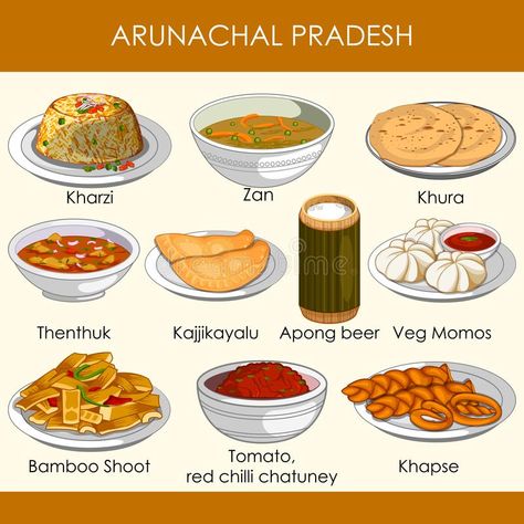 Illustration of delicious traditional food of Arunachal Pradesh India royalty free illustration India Illustration, Aam Panna, Garnish Ideas, Gk Facts, Food Calorie Chart, Traditional Indian Food, Indian States, Food Map, Homemade Cookbook