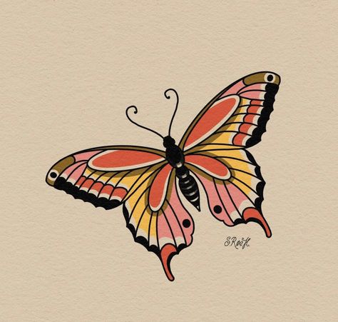 Feminine American Traditional Tattoos Butterfly, Folk Art Butterfly Tattoo, American Trad Butterfly, Neo Trad Butterfly, Butterfly Tattoo American Traditional, Trad Butterfly Tattoo, Neo Traditional Butterfly Tattoo, Neo Traditional Butterfly, Ally Tattoo