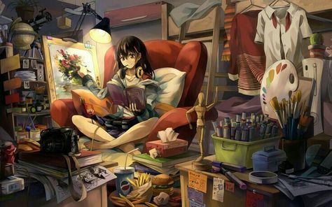 Shape Books, Messy Room, Anime Room, Painting Of Girl, Painting Wallpaper, Backgrounds Desktop, Girl Wallpaper, Anime Scenery, Wallpaper Backgrounds