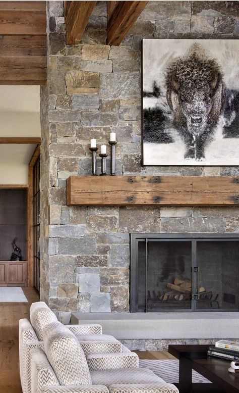 Lodge Stone Fireplace, Modern Lake House Fireplace, Mountain Cabin Fireplace, Modern Cabin Fireplace Ideas, Colorado Stone Fireplace, Modern Mountain Home Interior Fireplaces, Unique Stone Fireplace, Mountain Fireplace Ideas, Rustic Stone Fireplace Ideas