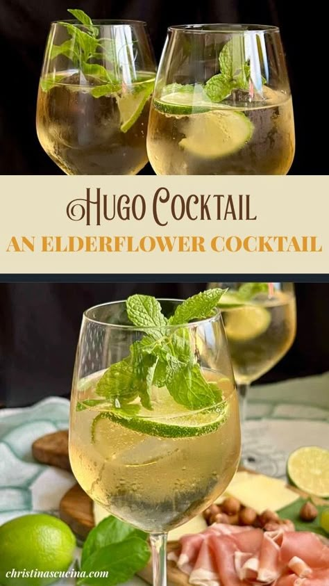 A hugo cocktail is a clear, refreshing chilled elderflower flavored cocktail. It's a popular, before-dinner summer drink in Europe. Hugo Drink Recipe, German Cocktails, Hugo Drink, Hugo Cocktail, Liqueur Cocktails, Elderflower Cocktail, Virgin Cocktails, Dinner Summer, Champagne Cocktails