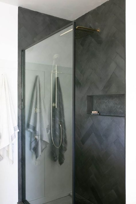 Black Herringbone Tile Bathroom, Matte Black Tile, Herringbone Shower Tile, Shower Tile Design, Black Herringbone Tile, Herringbone Tile Bathroom, Herringbone Shower, Black Tile Bathrooms, Herringbone Tile Floors