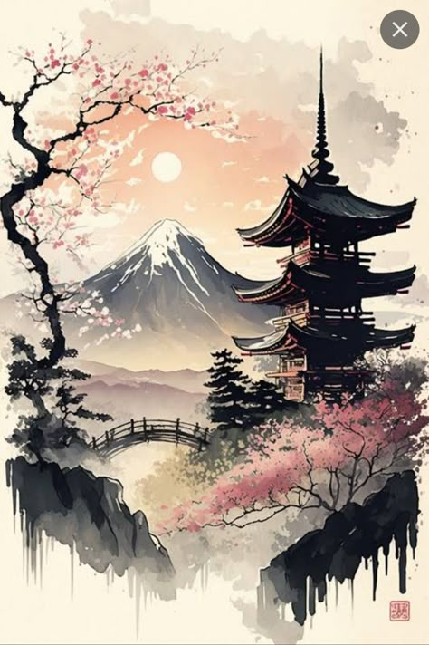 Japanese Pop Art, Chinese Art Painting, Anime Woman, Japanese Art Prints, Japanese Artwork, Temple Art, Japon Illustration, Chinese Landscape, Japanese Landscape