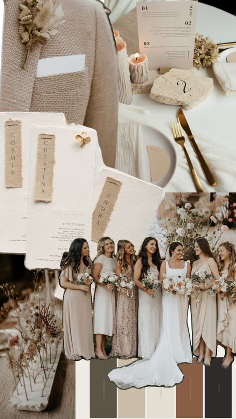 Minimalist Neutral Wedding, Neutral Bridal Party Color Schemes, Neutral Fall Wedding Colors, Neutral Color Wedding Theme, Champagne And White Wedding, Neutral Color Wedding, Neutral Wedding Party, Neutral Wedding Decor, Neutral Wedding Inspiration