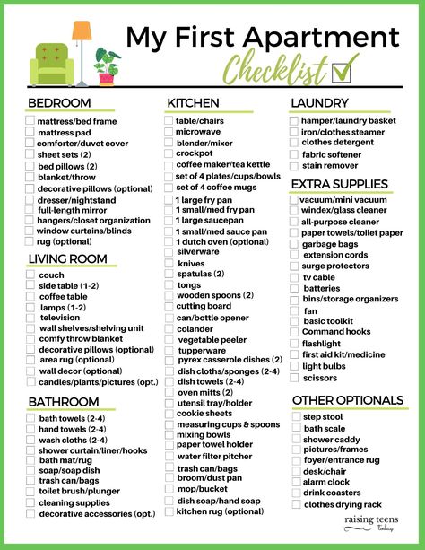 FREE PRINTABLE: My First Apartment Checklist. From furniture and kitchen necessities to cleaning supplies and all the extras, this handy list will make shopping for your first apartment (or house) a snap! #firstapartmentchecklist #firstapartment #firstapartmentchecklist #freeprintables Condo Essentials List, My First Place Checklist, Future House List, House Furniture Checklist, Apartment Supplies Checklist, List Of Everything You Need For A House, Apartment Move In Checklist First Time, New Apartment Checklist Kitchen, Living Room List For New Home