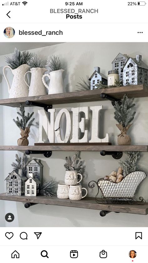 Antique Winter Decor, Kitchen Christmas Shelf Decor, Farmhouse Xmas Decor Living Room, Christmas Decor For Floating Shelves, Winter Decor 2023, Christmas Shelving Decor Ideas, Decorating A Shelf For Christmas, Christmas Floating Shelf Decor, Open Shelf Christmas Decor