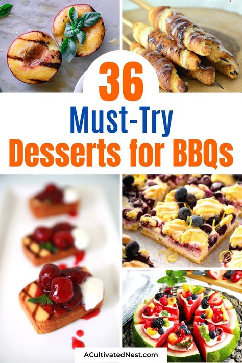 36 Must-Try Desserts for BBQs- Looking for dessert ideas to take your BBQ to the next level? Look no further! Our handpicked selection of must-try desserts for BBQs will make your gatherings unforgettable. | #BBQParty #DessertInspiration #GrillingSweets #summerRecipes #ACultivatedNest Grilled Strawberry Shortcake, Angel Food Cake Trifle, Bbq Dessert, Fundraiser Food, Grilled Strawberries, Dessert Nachos, Strawberry Cake Easy, Strawberry Cream Pies, Strawberry Pop Tart