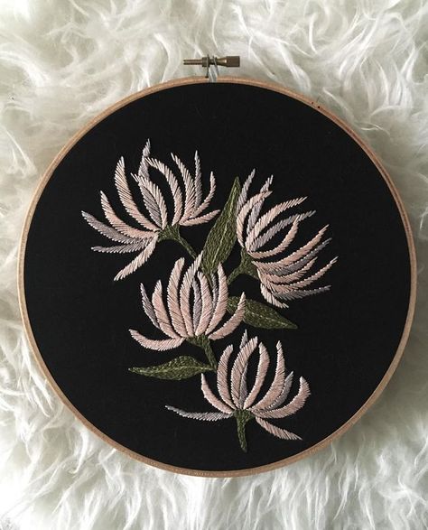 Black Fabric Sets a Spectacular Stage for Colorful Embroidered Hoop Art | www.brwnpaperbag.com Bamboo Embroidery, Stamped Embroidery Kit, Embroidered Hoop, Pattern Printable, Hand Work Embroidery, Hand Embroidery Flowers, Silk Ribbon Embroidery, Hand Embroidery Art, Flower Embroidery Designs