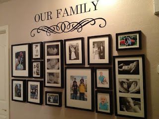 Here's my finished photo wall collage! Picture Arrangements On Wall, Family Pictures On Wall, Photo Wall Display, Picture Arrangements, Photo Walls, Family Decals, Photo Arrangement, Decal Ideas, Family Photo Wall