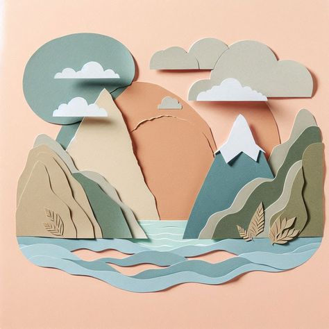 Paper Cut Tranquility: Minimalist Landscapes 🌿🌄 This image showcases a serene and minimalist landscape created using paper-cut techniques. The layered elements and soft colors evoke a peaceful and dreamy scene, capturing the essence of nature in a simplified form. The composition features a pastel palette and handcrafted details, which draw the viewer’s attention and spark the imagination. The simplicity of the design conveys tranquility and harmony. #PaperArt #MinimalistDesign #LayeredArt ... Christmas Papercut, Paper Cut Illustration, Papercut Illustration, Paper Scene, Papercut Design, Cutout Art, Paper Landscape, Paper Cutout Art, Layered Art