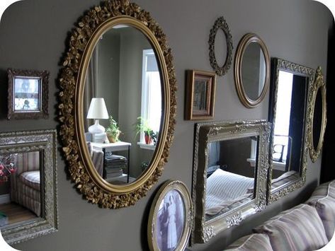 Mirror Gallery Wall Ideas, Mirror Collage Wall, House Of Mirrors, Mirror Collage, Wall Galleries, Mirror Wall Collage, Bed Idea, Victorian Hallway, Mirror Gallery