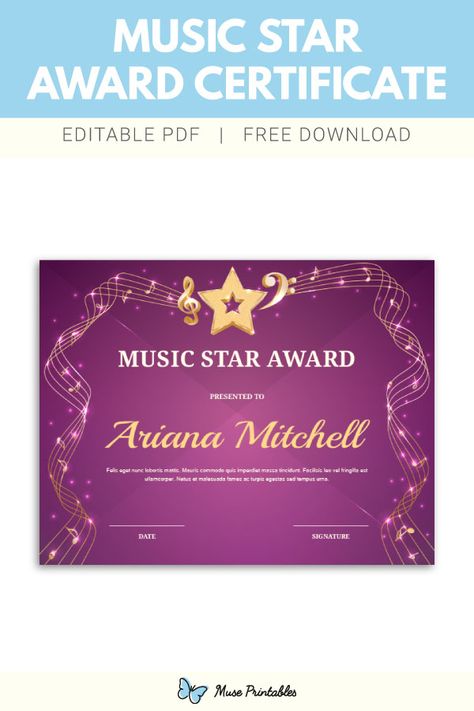 Free printable music star award certificate template. The award is an editable PDF that can be customized using Adobe Reader. Download it at https://museprintables.com/download/award-certificate/music-star/ Music Certificate, Award Templates Free, Certificates Template, Certificate Layout, Certificate Of Merit, Singing Contest, School Bathroom, Award Template, Awards Certificates Template