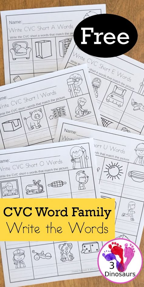 Free CVC Word Family Write the Words No-Prep Worksheet - 5 worksheets with CVC short vowel words and each page has one vowel sound - 3Dinosaurs.com  #3dinosaurs #kindergarten #firstgrade #cvc #wordfamily #learningtoread #shortvowels #freeprintable Free Vowel Worksheets, Preschool Cvc Words, Short A Cvc Words Worksheets Free, Free Short Vowel Activities, Mystery Words Word Work, Short E Worksheets Free, Short I Worksheets Free, Cvc Word Activities Free Printable Kindergarten, Cvc Printables Free