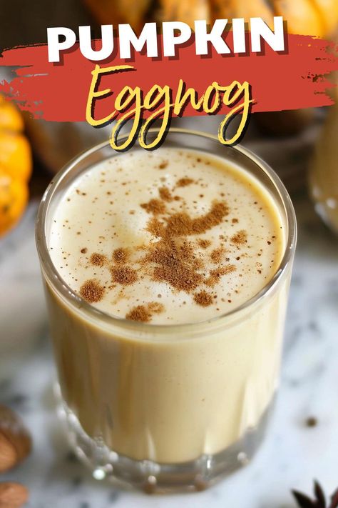 This creamy pumpkin eggnog is a tasty twist on a classic! Spiked with rum or brandy, it's a true holiday treat. Pumpkin Spice Eggnog, Pumpkin Spice Eggnog Recipe, Pumpkin Eggnog Recipe, Pumpkin Eggnog, Eggnog Coffee, Eggnog Cocktail, Spiced Eggs, Spiced Eggnog, Starbucks Pumpkin