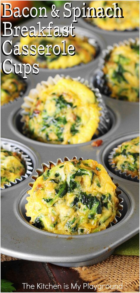 Muffin pan of Bacon & Spinach Breakfast Casserole Cups Spinach Breakfast Casserole, Egg Bites Muffin Tins Spinach, Spinach Egg Casserole, Baked Eggs In Muffin Tin With Sausage, Spinach Egg Cheese Muffins, Spinach Bacon Egg Muffins, Sausage Egg Cheese Spinach Muffins, Bacon Bits Recipes, Breakfast Cups Recipe