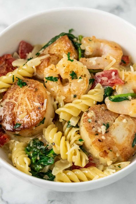 Shrimp and Scallop Pasta for Two (25 min) • Zona Cooks Shrimp And Scallop Pasta, Scallop Pasta Recipe, Scallop And Shrimp Pasta, Pasta For Two, Scallop Recipes Pasta, Shrimp And Scallop Recipes, Scallops And Shrimp, Scallop Pasta, Parmesan Cheese Sauce