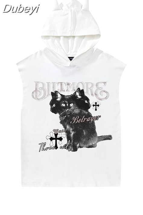 Shipping: Worldwide Express Shipping AvailableDelivery time: 7-15Days Fast ShippingReturns: Fast refund, 100% Money Back Guarantee. Y2k Hip Hop, Gothic Tees, Summer Tanks, Tshirts Women, Black Cat Print, Tanks Tops, Tiktok Outfits, Vest Crop Top, Hooded Vest