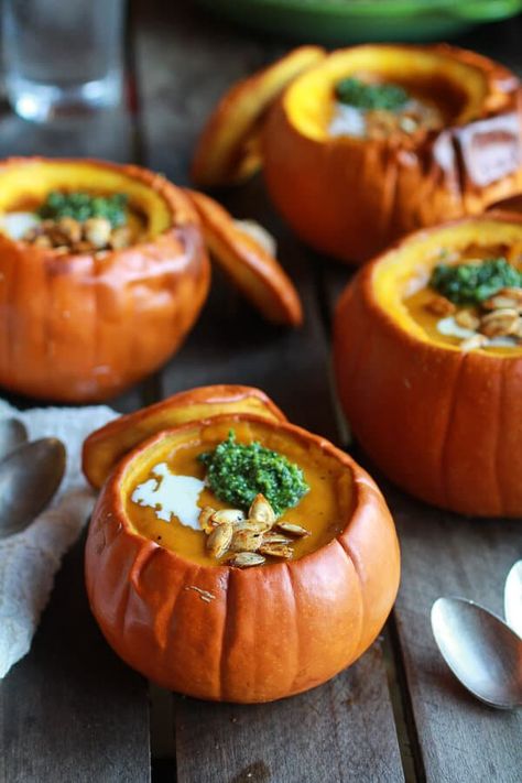 Roasted Garlic Sage Pesto Pumpkin Soup with Spicy Fried Pumpkin Seeds - Half Baked Harvest Sage Pesto, Fried Pumpkin, Roast Pumpkin Soup, Garlic Seeds, Fall Soup Recipes, Roasted Pumpkin, Fall Soups, Half Baked Harvest, Pumpkin Soup