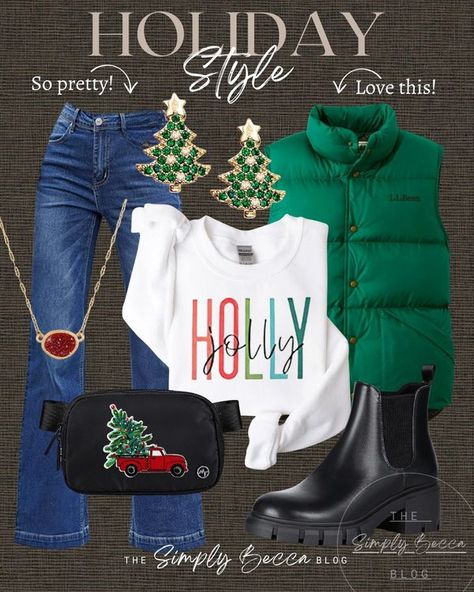 Simply Becca Christmas Sweatshirt And Jeans Outfit, Christmas Tshirt Outfit Ideas For Women, Teacher Christmas Outfits, Walk Outfit Winter, Christmas Shirt Outfit, Simply Becca, Casual Christmas Outfits For Women, Casual Christmas Outfits, Christmas Outfits For Women