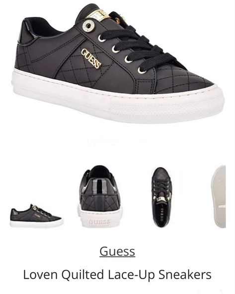 Black. From Guess, the Loven Quilted Sneakers feature: • Synthetic upper with allover quilted detail • Lace up closure • Gold-tone hardware details & logo • Fabric lining • Rubber outsole • Flat heel Fashion Shoes, Lace Up, My Style, Heels, ? Logo, Sneakers, Lace, Fabric, Gold