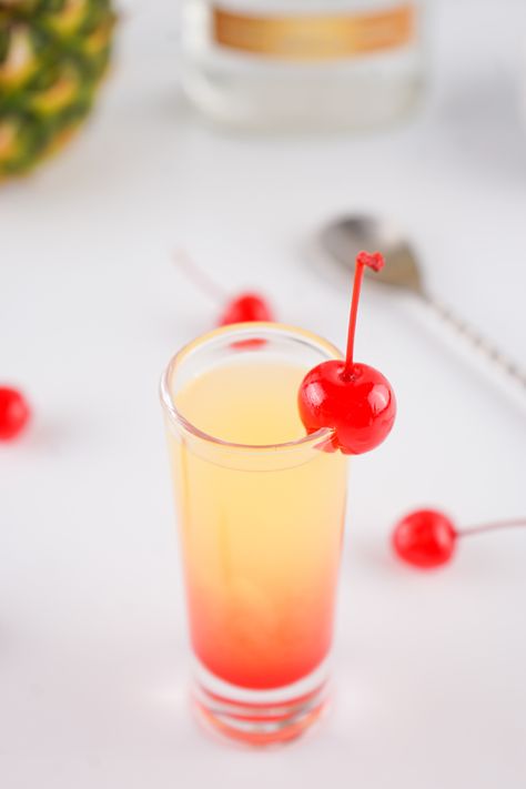 Pineapple Upside Down Cake Shot Recipe Upside Down Pineapple Martini, Pineapple Upside Down Martini, Pineapple Upside Down Cake Shot Recipe, Pineapple Upside Down Shot, Pineapple Upside Down Cake Shot, Cake Shot, Cake Shots, Boozy Drinks, Pineapple Upside