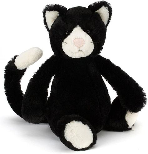 Size: 12 inches tall Suitable from birth Made of polyester, plastic pellets/eyes Spot clean only Designed by Jellycat in London, UK Cat Jellycat, Black And White Kitten, Black And White Kittens, Jellycat Bashful, Black White Cat, Jelly Cat, Jellycat Stuffed Animals, Black And White Tuxedo, White Kitten