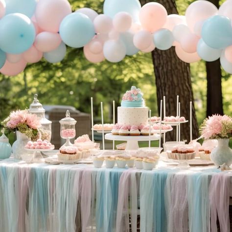 Gather your family and friends for a gender reveal party styled fashionably. Lay some chiffon table runners in pastel colors to create a soft background. Next, display a classic white pedestal-footed cake stand for your stunning cake. Set up apothecary jars and serving ware next to it, making a beautiful spread of your sweet treats. Brighten up the table with pretty pink dahlias and baby's breath flowers in vintage vases. Finally, put up a charming balloon arch in the same color palette. Light Blue Balloon Garland, Gender Reveal Sweets Table, Gender Reveal Table Set Up, Gender Reveal Dessert Table, Gender Reveal Table, Blue Baby Shower Cake, Gender Reveal Dessert, Baby Shower Table Decor, Cake Riser